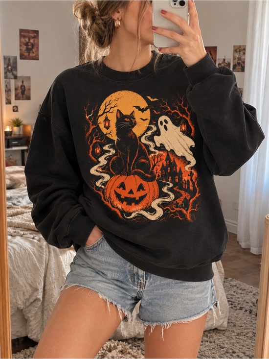 Gildan Other - Gildan Black Crewneck Sweatshirt with Orange Halloween Cat & Pumpkin Graphic